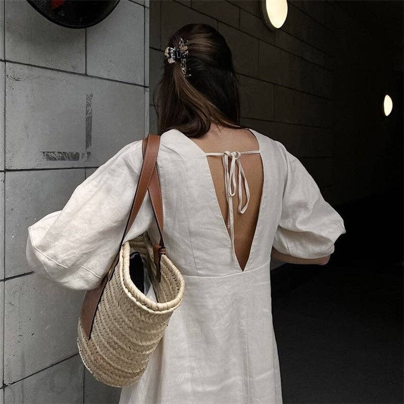 Casual Loose V-Neck Bubble Sleeve Maxi Dress: CREAMY / S