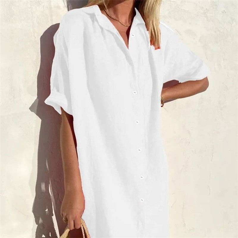 Casual Loose Fit Short Sleeve Shirt Dress In Solid Color: WHITE / XS