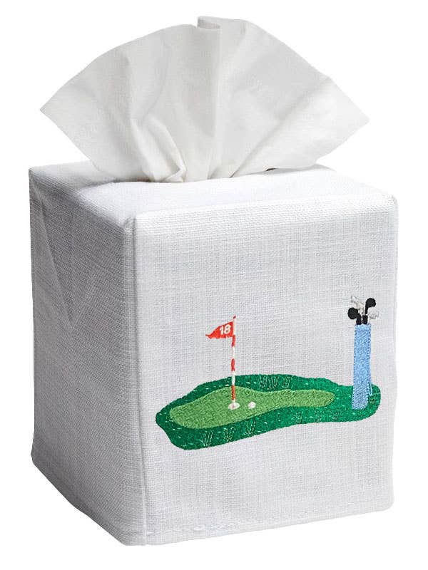 Tissue Box Cover, Linen/Cotton, Embroidered: Monkey & Umbrella (Blue)