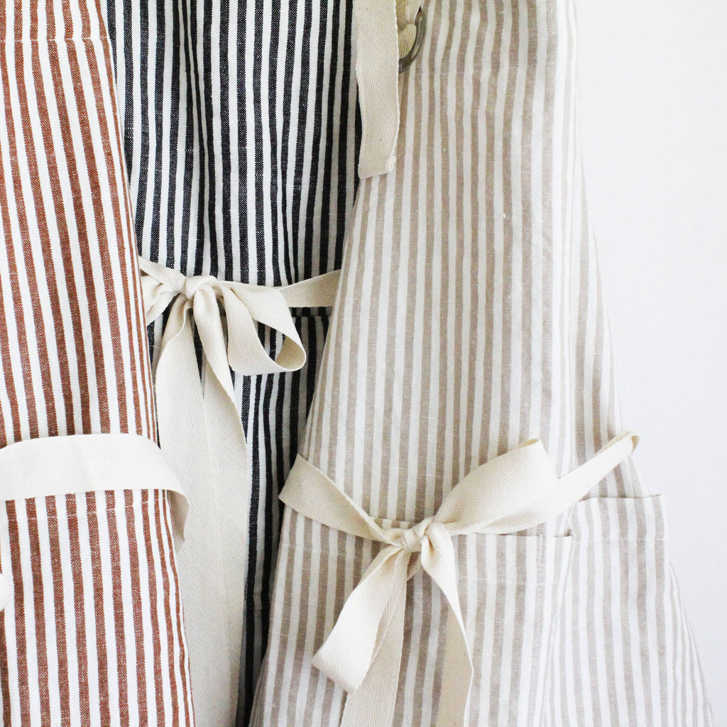 Ruffle Pin Stripe Apron: Tan