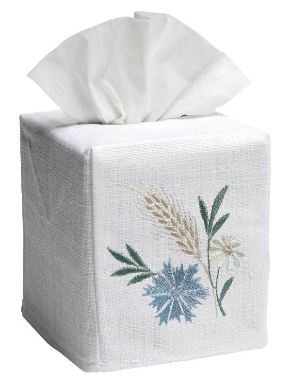 Tissue Box Cover, Linen/Cotton, Embroidered: Monkey & Umbrella (Blue)