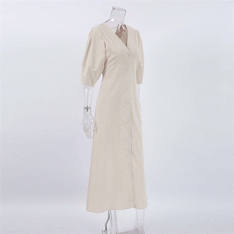 Casual Loose V-Neck Bubble Sleeve Maxi Dress: CREAMY / S