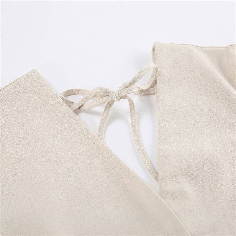 Casual Loose V-Neck Bubble Sleeve Maxi Dress: CREAMY / S