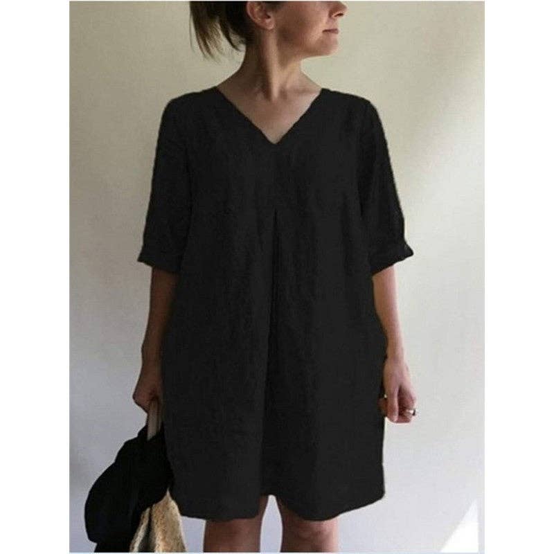 Casual Loose V-Neck Solid Color Dress: YELLOW Small