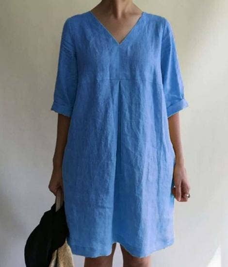 Casual Loose V-Neck Solid Color Dress: BLACK / XL