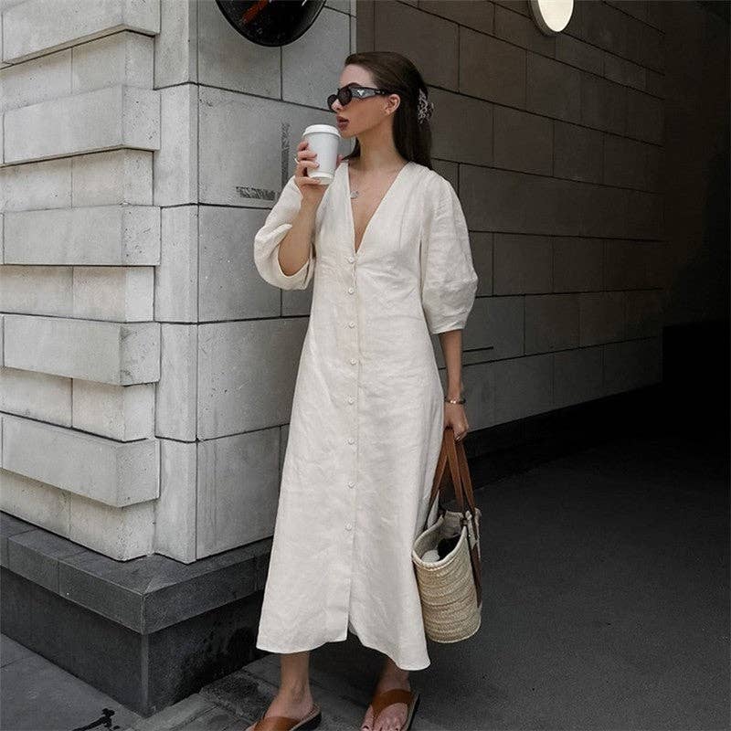 Casual Loose V-Neck Bubble Sleeve Maxi Dress: CREAMY / S