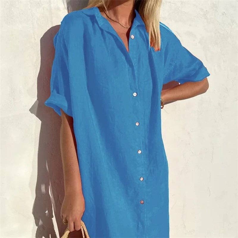 Casual Loose Fit Short Sleeve Shirt Dress In Solid Color: WHITE / XS