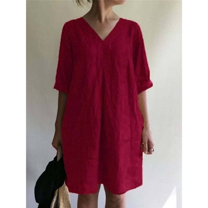 Casual Loose V-Neck Solid Color Dress: BLACK / XL