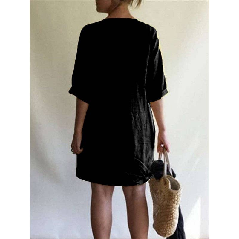 Casual Loose V-Neck Solid Color Dress: BLACK / L
