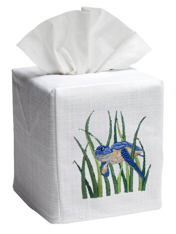 Tissue Box Cover, Linen/Cotton, Embroidered: Monkey & Umbrella (Blue)