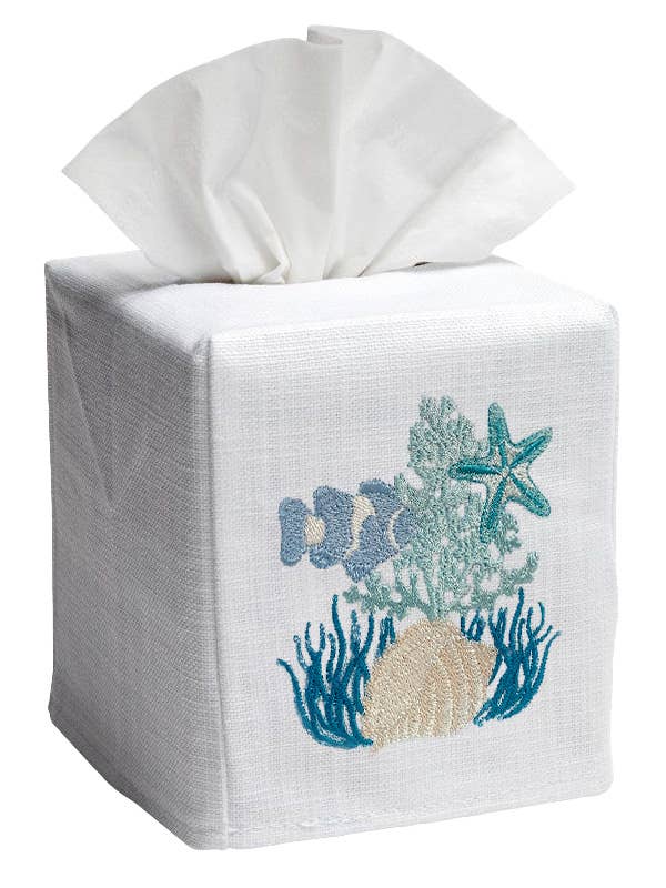 Tissue Box Cover, Linen/Cotton, Embroidered: Monkey & Umbrella (Blue)